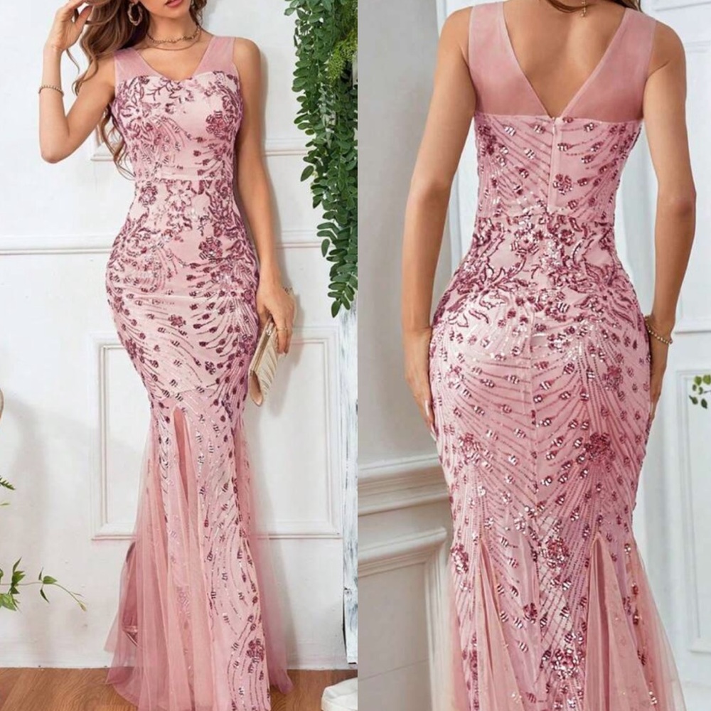 Luxurious sequins embroidered mesh evening party formal gown dress